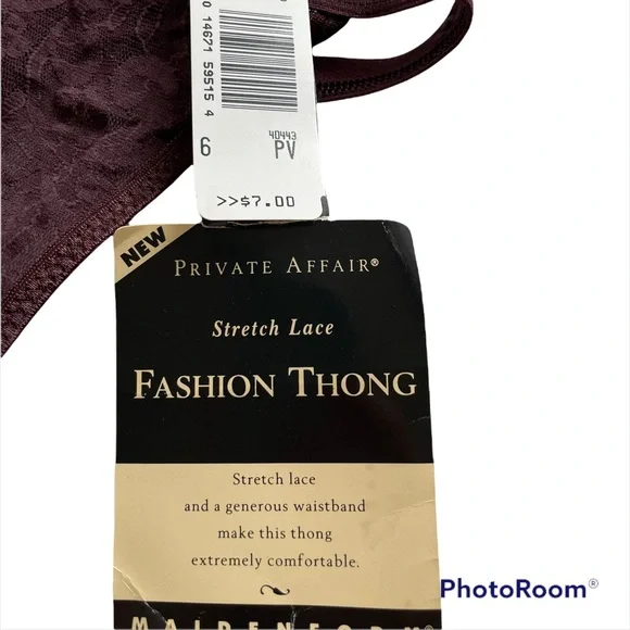 Vintage Private Affair burgundy lace stretchy thong NWT SZ 6 - Picture 2 of 3